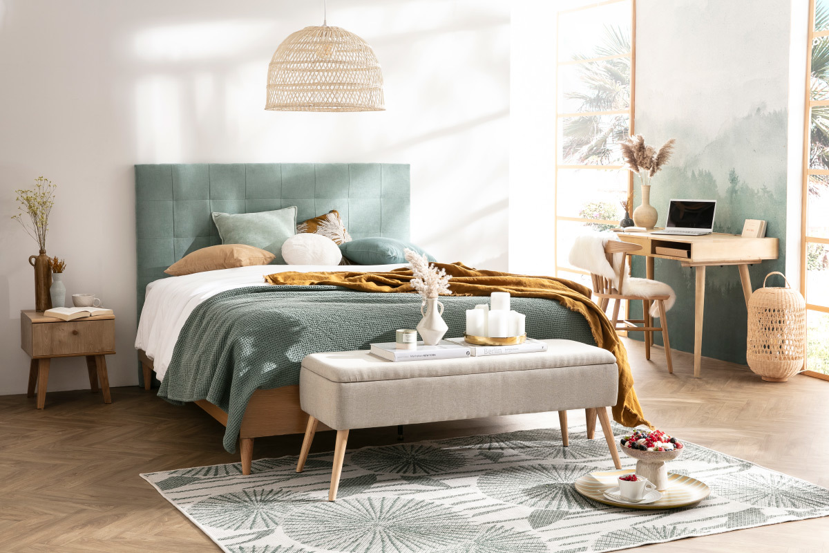 Banc coffre en tissu beige et bois clair massif L120 cm LARS