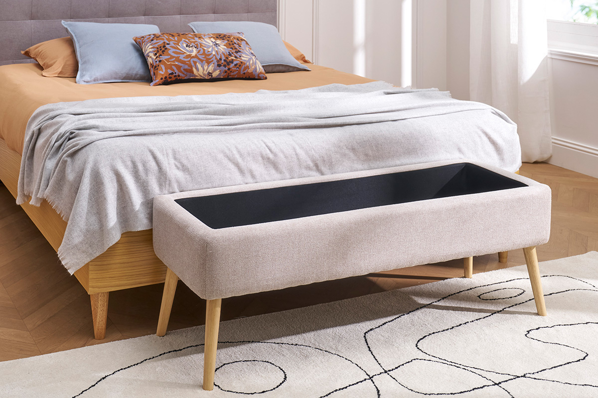 Banc coffre en tissu effet velours textur beige et bois clair massif L120 cm LARS
