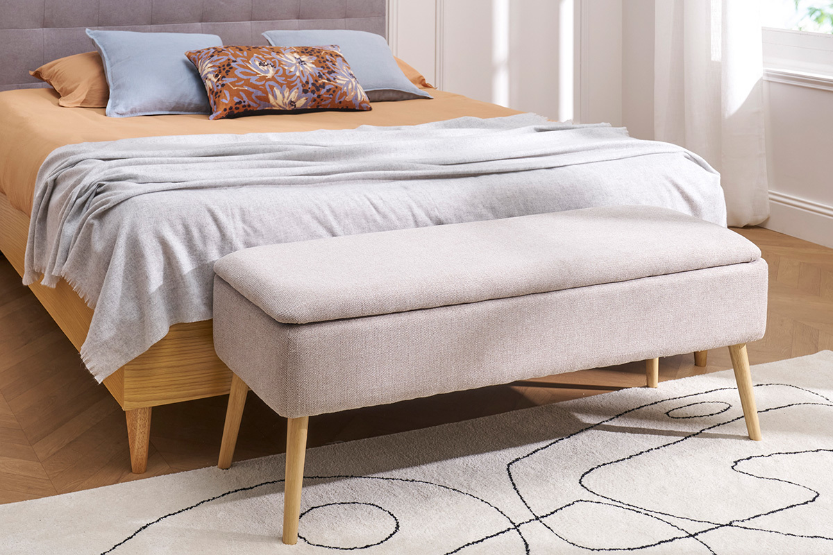 Banc coffre en tissu effet velours textur beige et bois clair massif L120 cm LARS