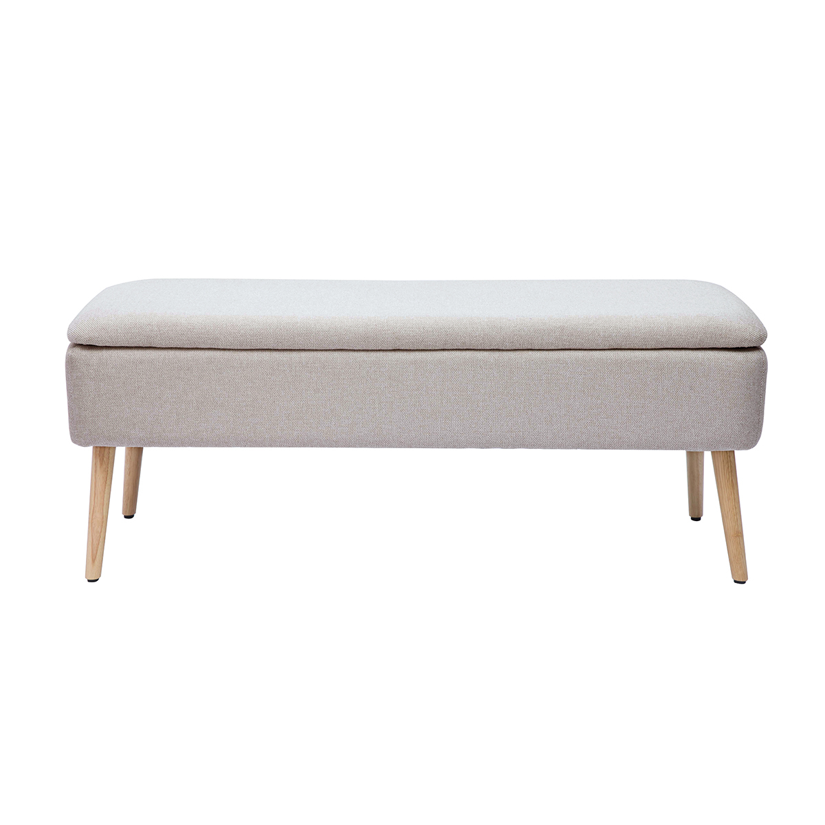 Banc coffre en tissu effet velours texturé beige et bois clair massif L120 cm LARS Banc coffre en tissu effet velours texturé beige et bois clair massif L120 cm LARS