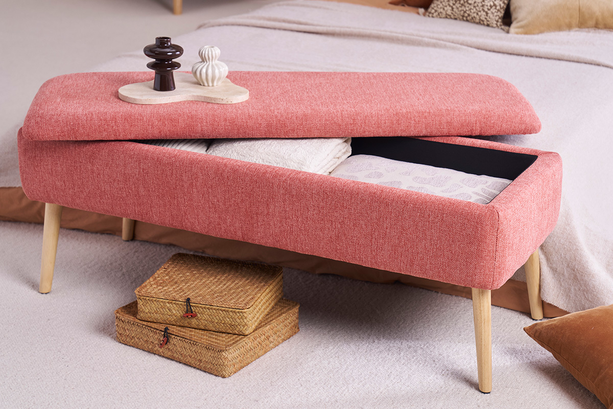 Banc coffre en tissu effet velours textur terracotta et bois clair massif L120 cm LARS