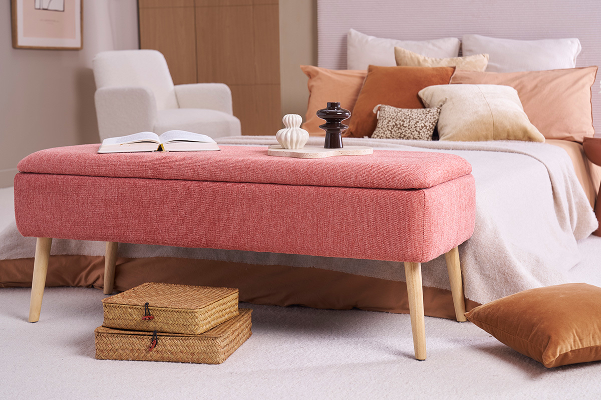 Banc coffre en tissu effet velours textur terracotta et bois clair massif L120 cm LARS