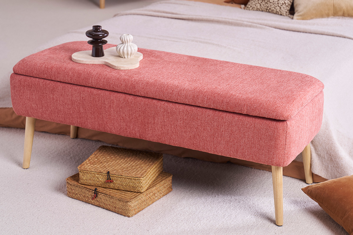 Banc coffre en tissu effet velours textur terracotta et bois clair massif L120 cm LARS