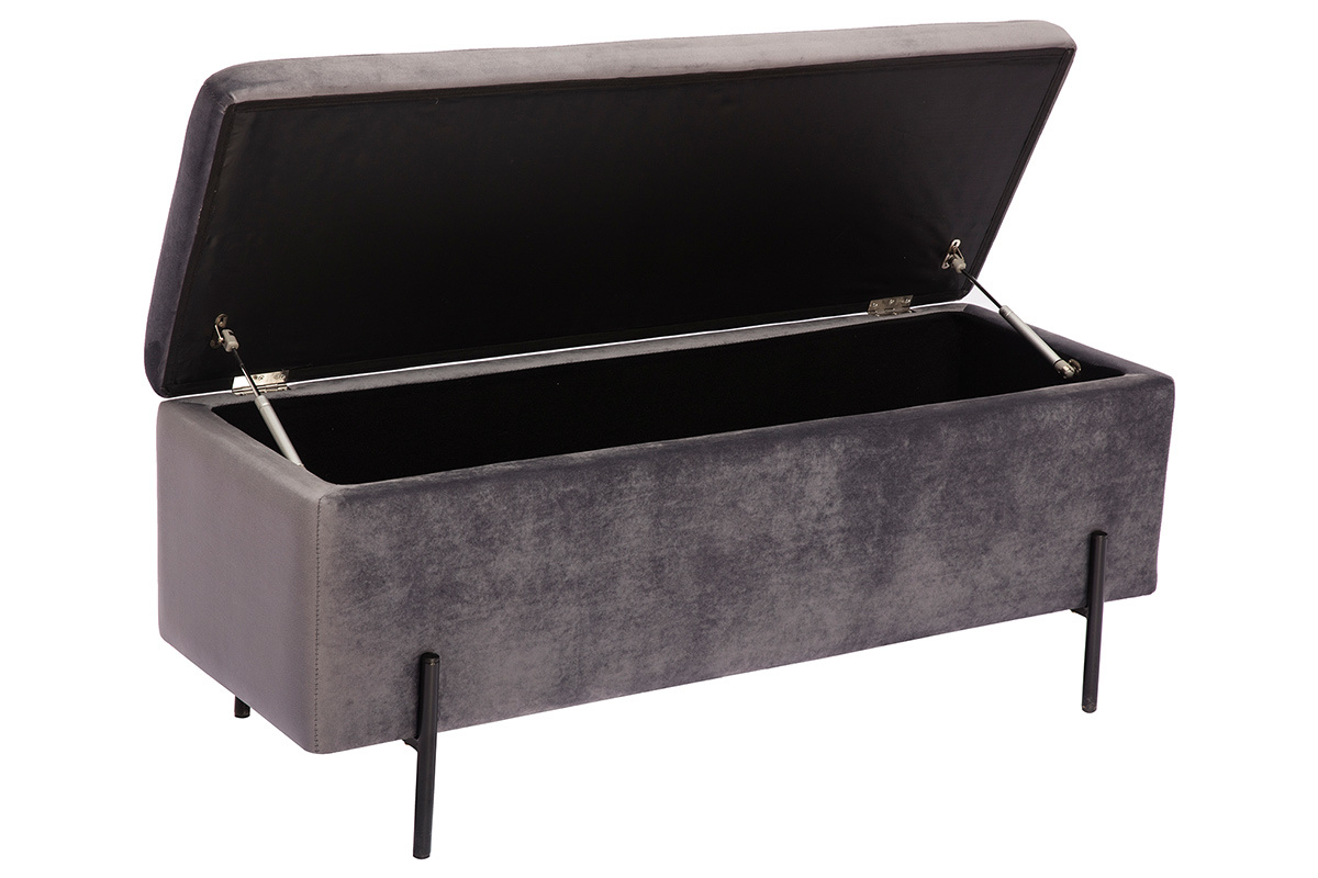 Banc coffre en tissu velours gris fonc� et m�tal noir L120 cm ADONIS