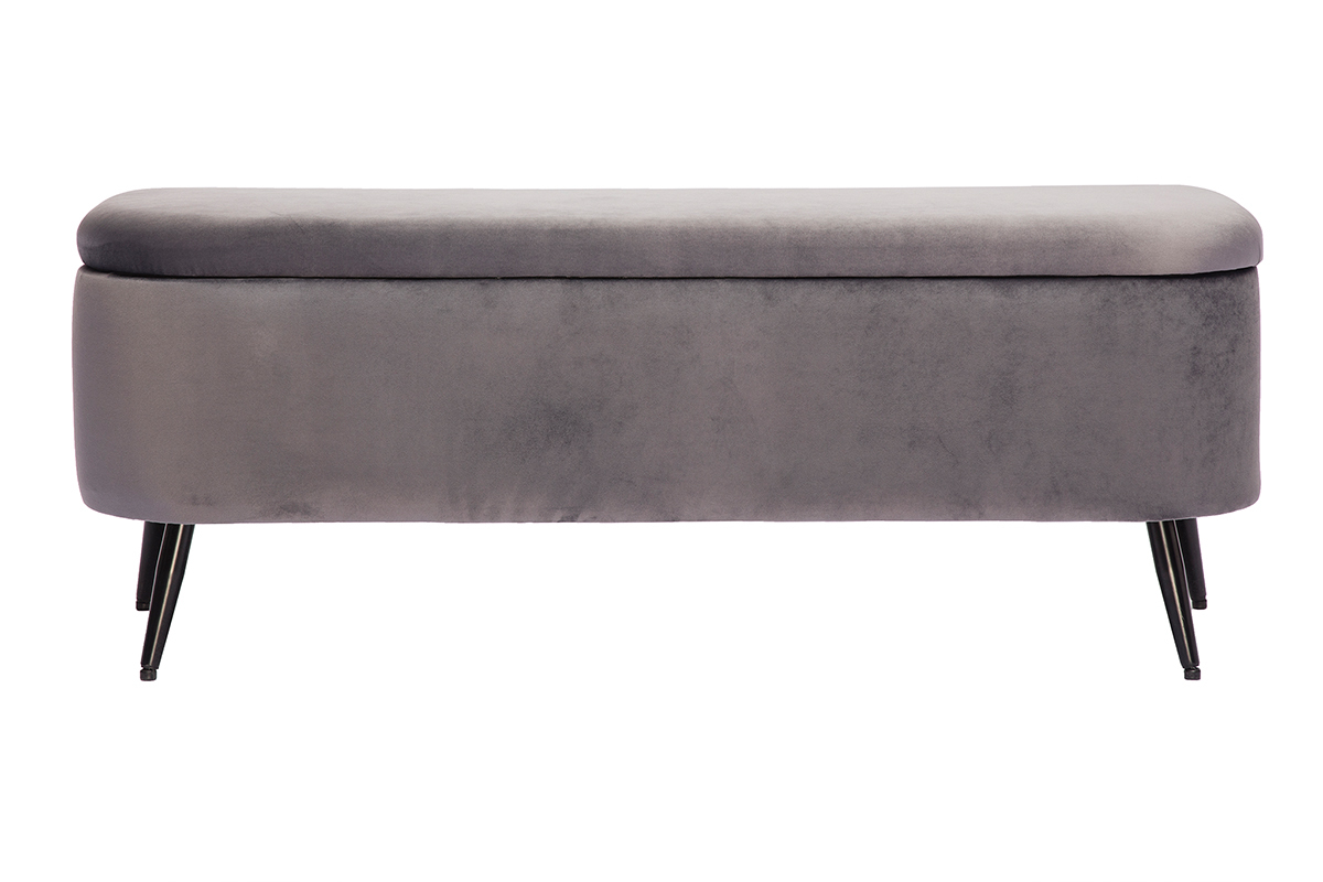 Banc coffre en tissu velours gris fonc� et m�tal noir L120 cm ATON