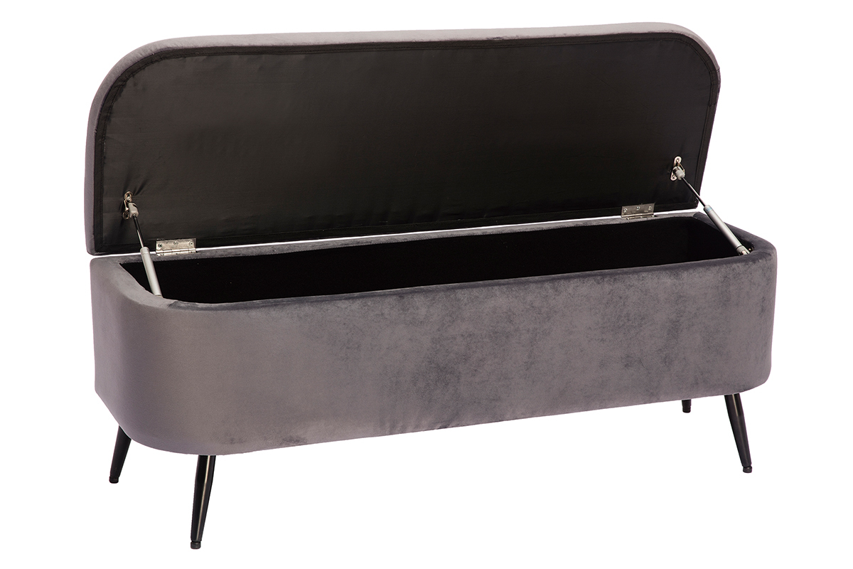 Banc coffre en tissu velours gris fonc� et m�tal noir L120 cm ATON