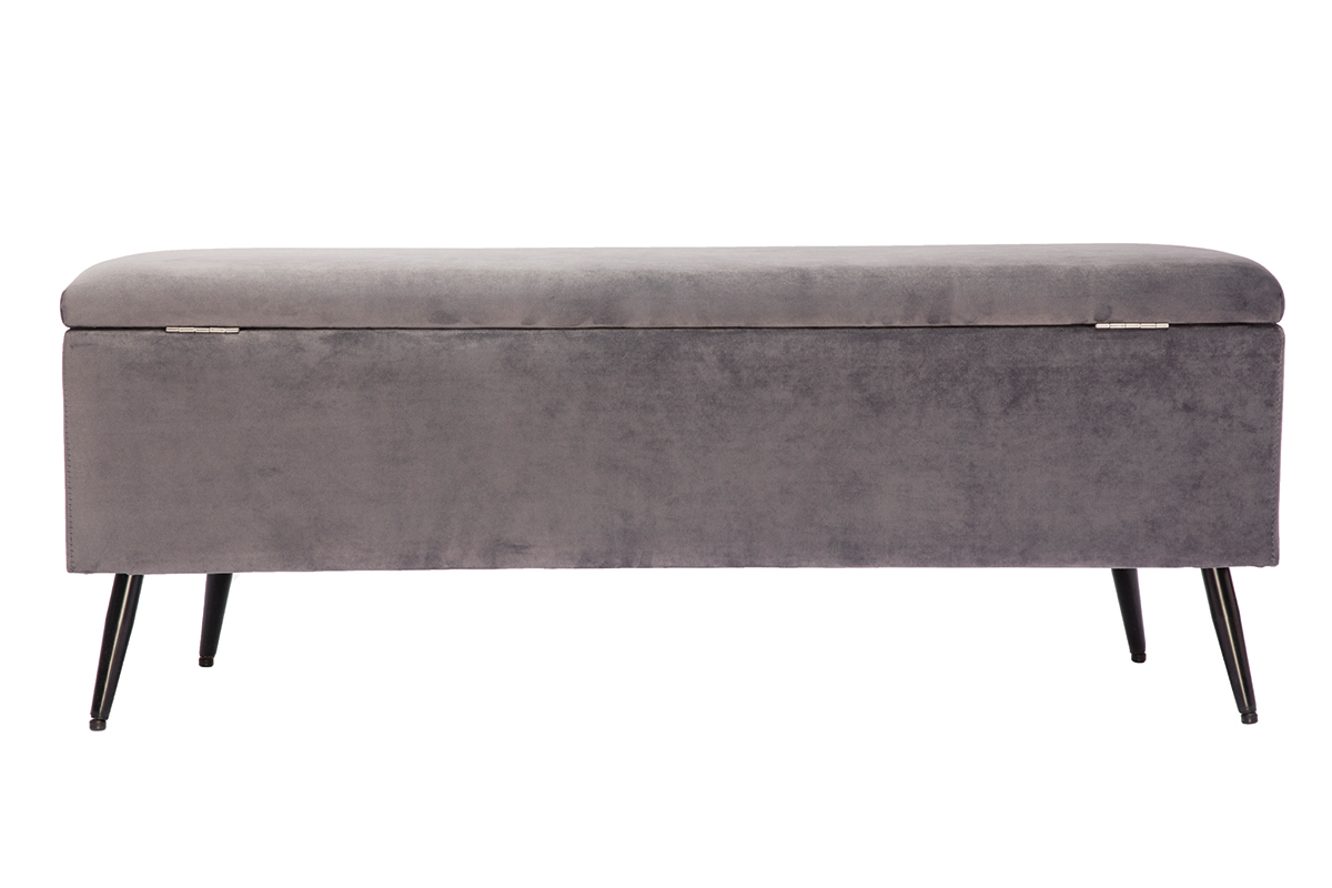 Banc coffre en tissu velours gris fonc� et m�tal noir L120 cm ATON