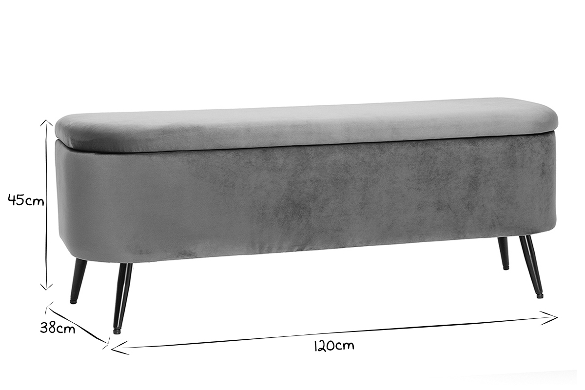 Banc coffre en tissu velours gris fonc� et m�tal noir L120 cm ATON