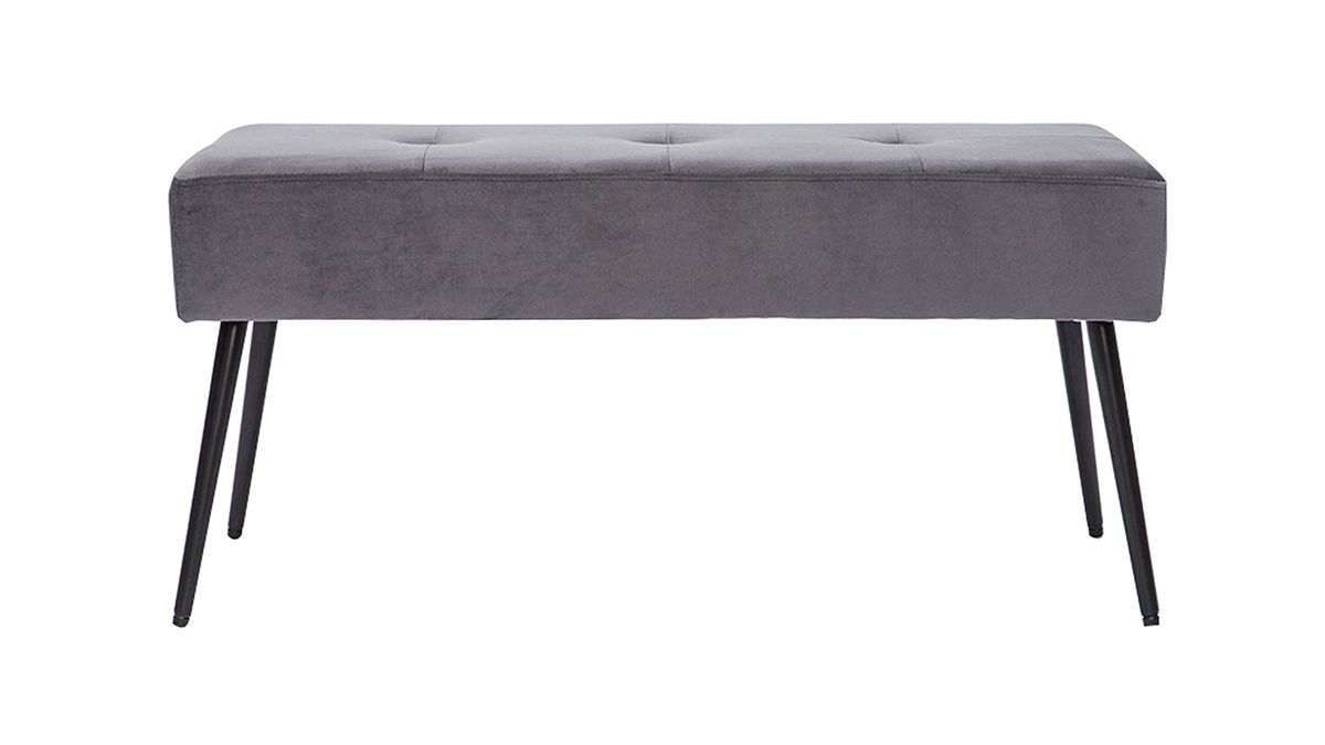 Banc contemporain capitonné en tissu velours gris et métal noir L96 cm SIMY