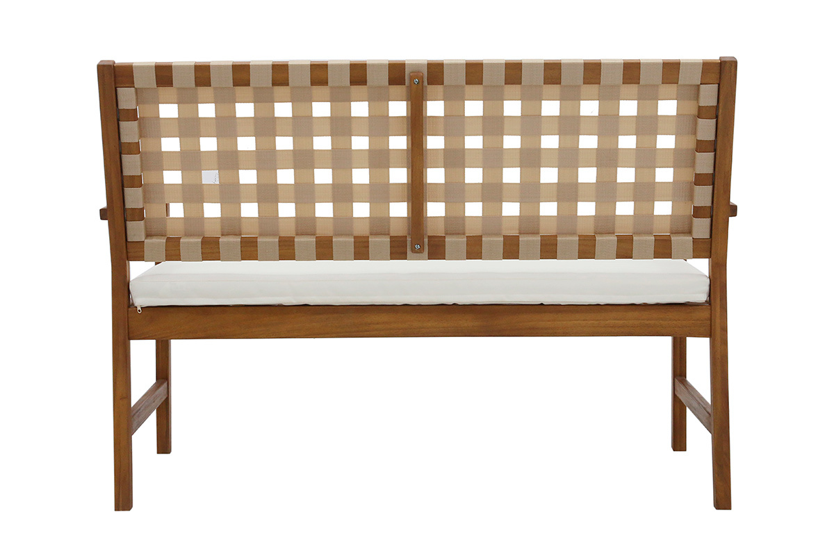 Banc de jardin en bois massif avec dossier � sangles et coussin blanc, vue de dos.