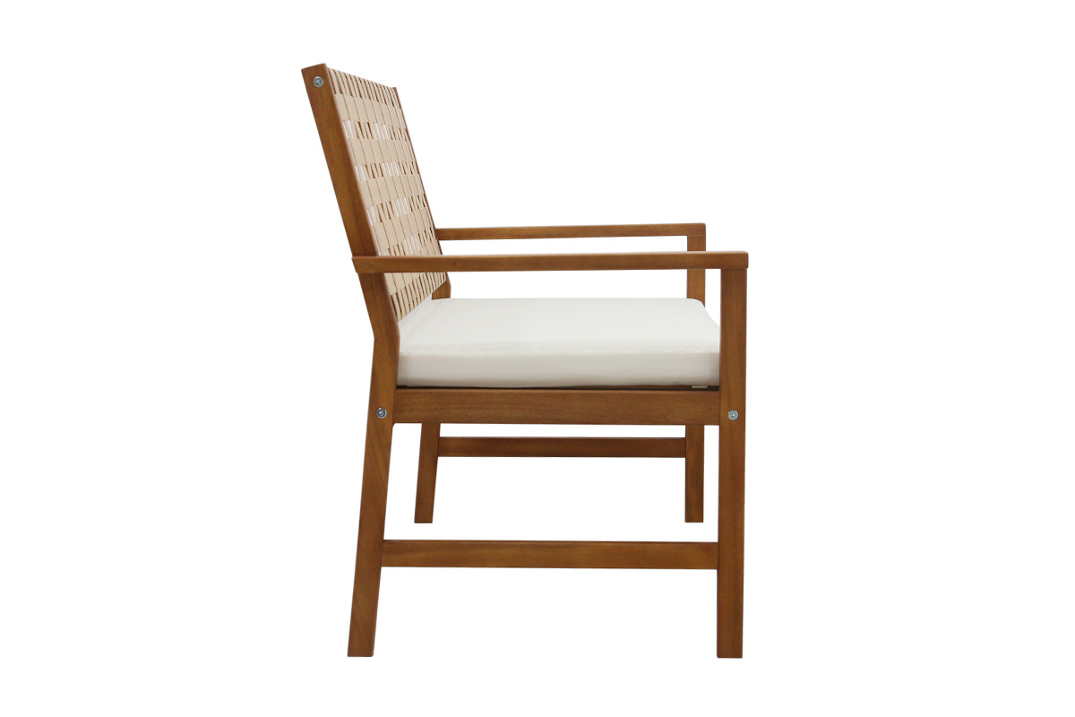 Banc de jardin en bois massif avec coussin blanc, vue de c�t�.