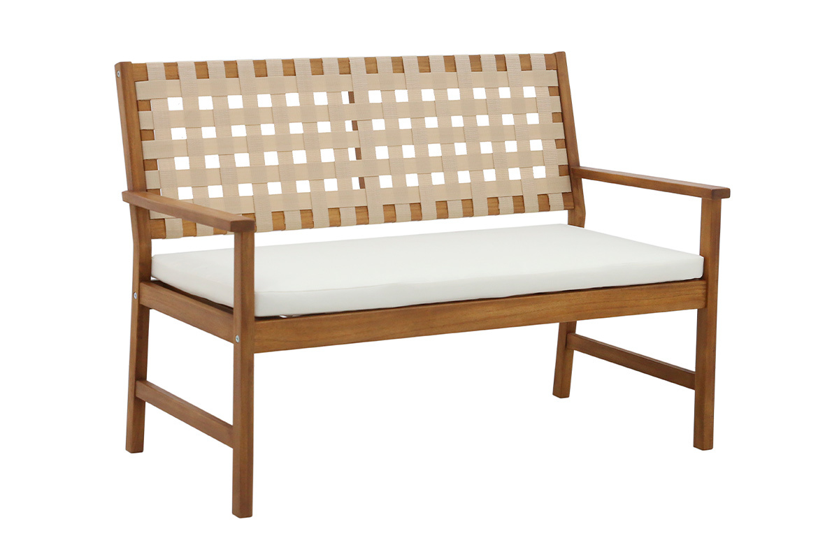 Banc de jardin en bois massif avec coussin blanc et dossier � sangles, vue de 3/4.