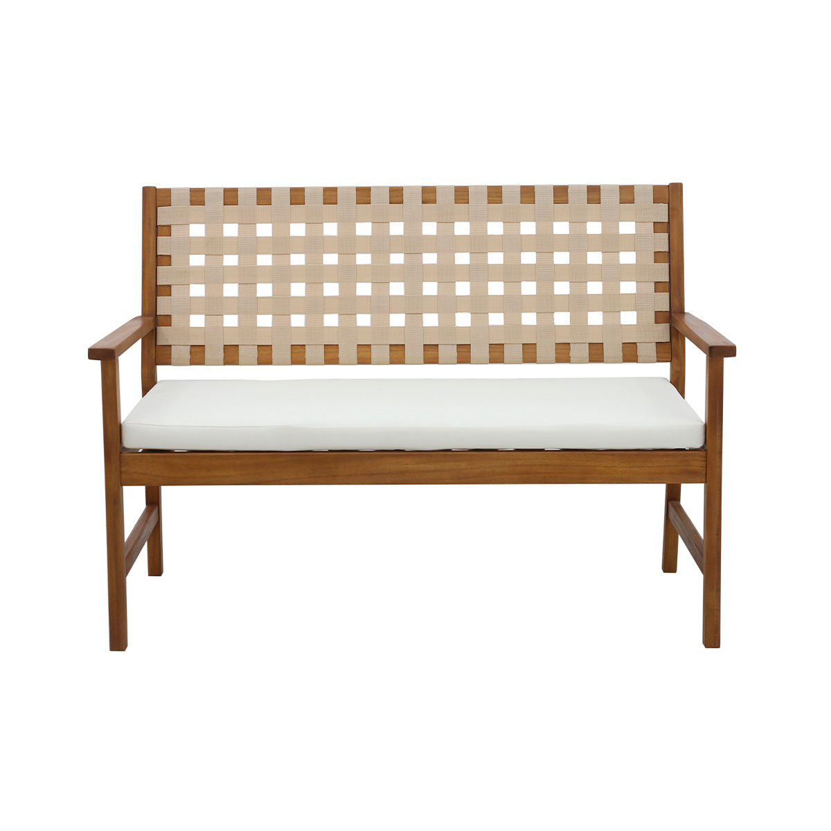 Banc de jardin en bois massif 2 places avec coussin blanc et sangles L114 cm SANTANA Banc de jardin en bois massif 2 places avec coussin blanc et sangles L114 cm SANTANA