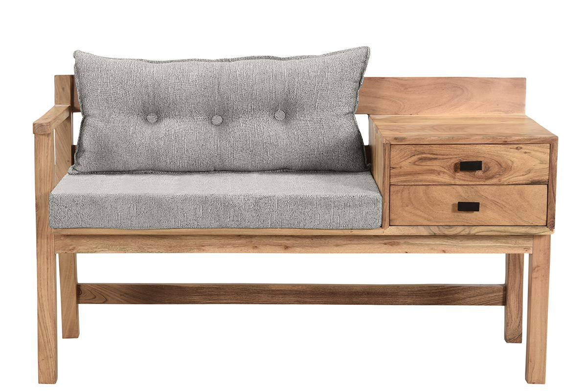 Banc d'entr�e avec rangement bois massif et tissu gris chin� L115 cm MENDOZA