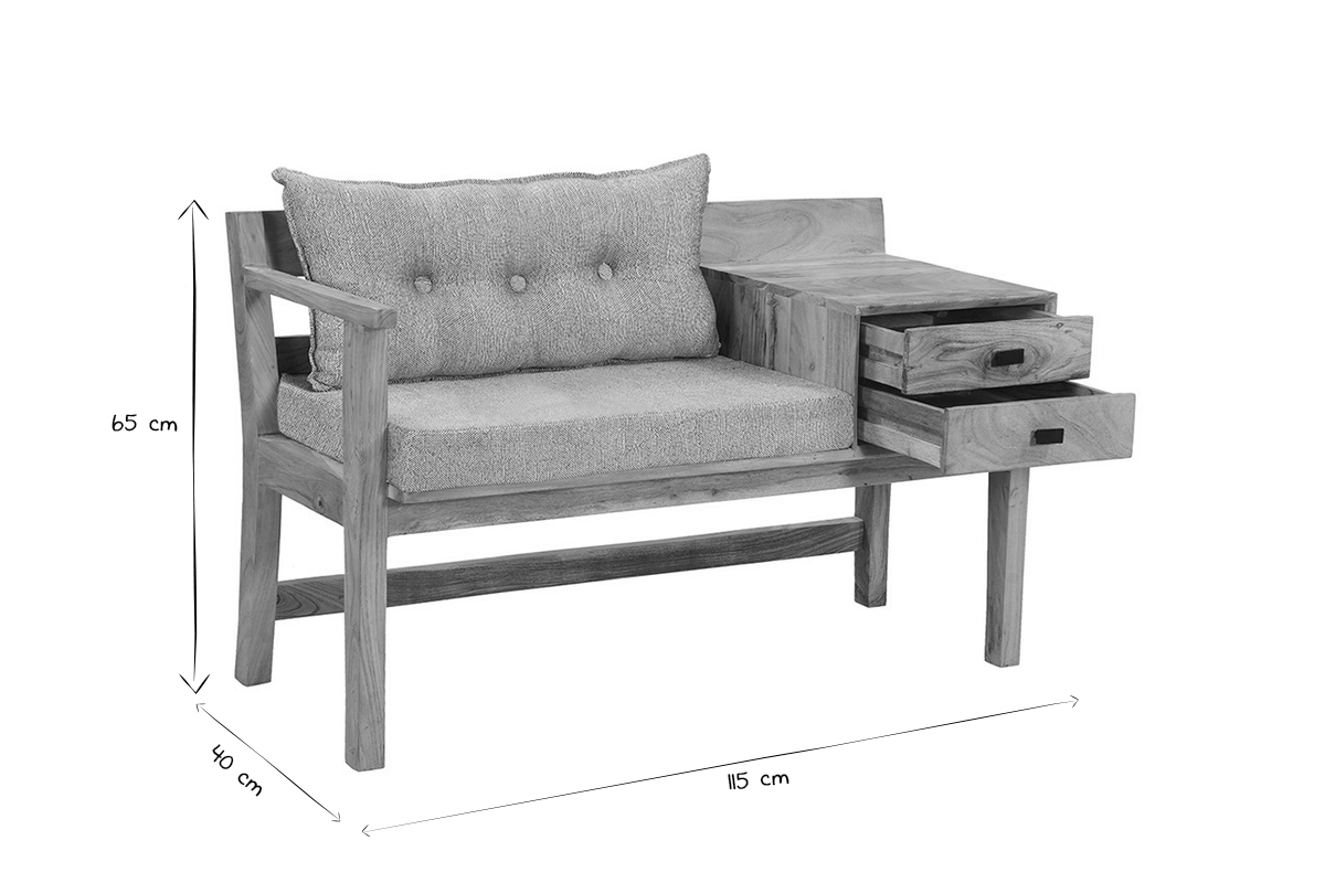 Banc d'entr�e avec rangement bois massif et tissu gris chin� L115 cm MENDOZA