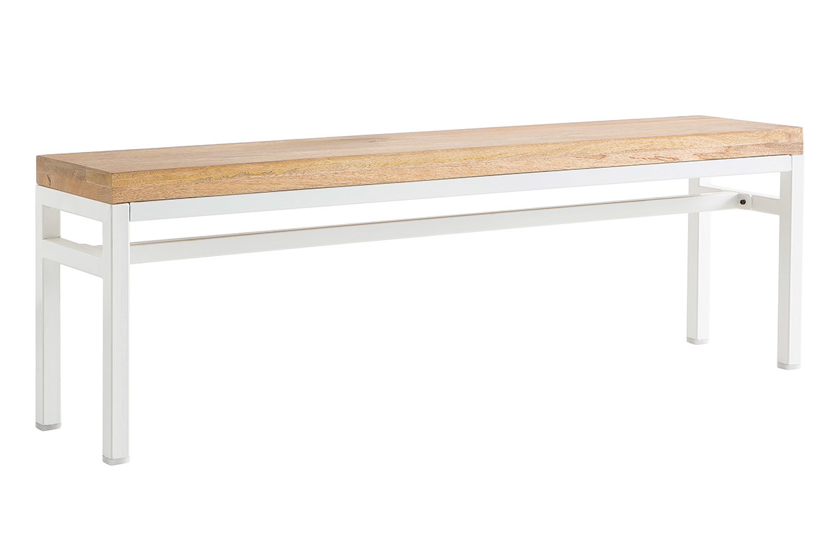 Banc design en bois manguier massif et m�tal blanc L140 cm BOHO