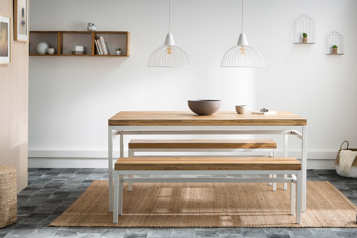 Banc design en bois manguier massif et m�tal blanc L140 cm BOHO