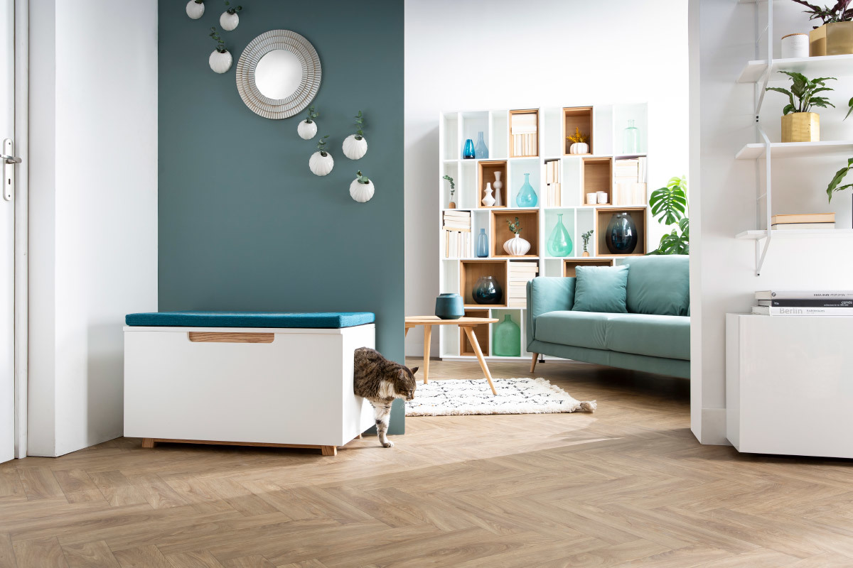 Banc litir�re design pour chat bois clair et bleu canard L91 cm O'MALLEY