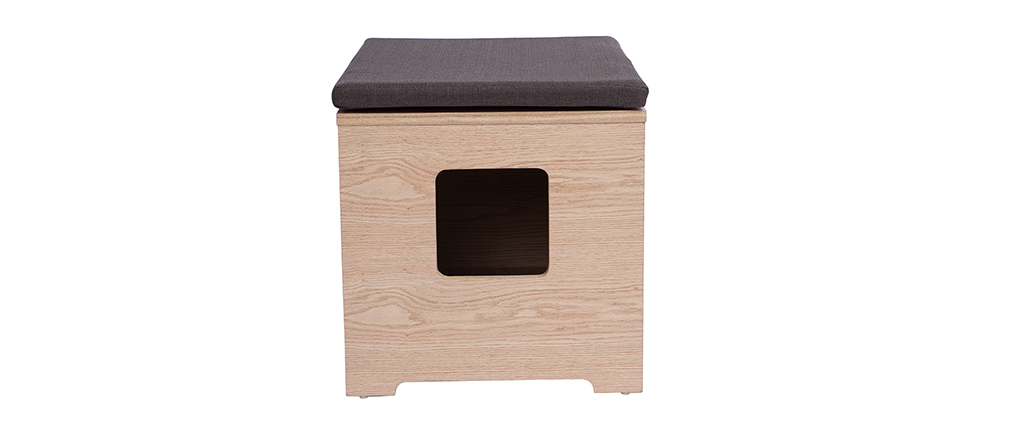 Banc maison de toilette pour chat bois clair et gris BERLIOZ