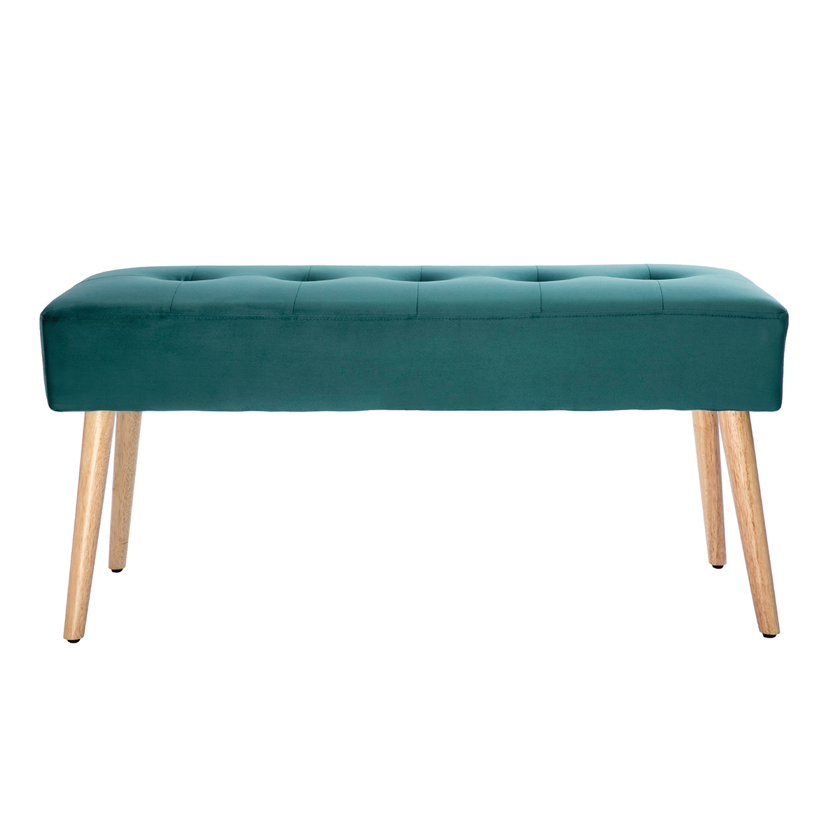 Banc scandinave capitonné en tissu velours bleu pétrole et bois clair L96 cm GUESTA Banc scandinave capitonné en tissu velours bleu pétrole et bois clair L96 cm GUESTA