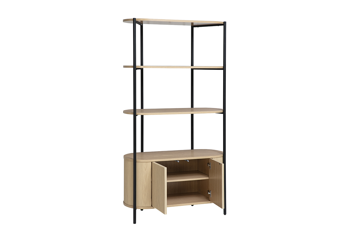 Biblioth�que ZORA en bois clair et m�tal noir avec trois �tag�res et un caisson bas arrondi ouvert
