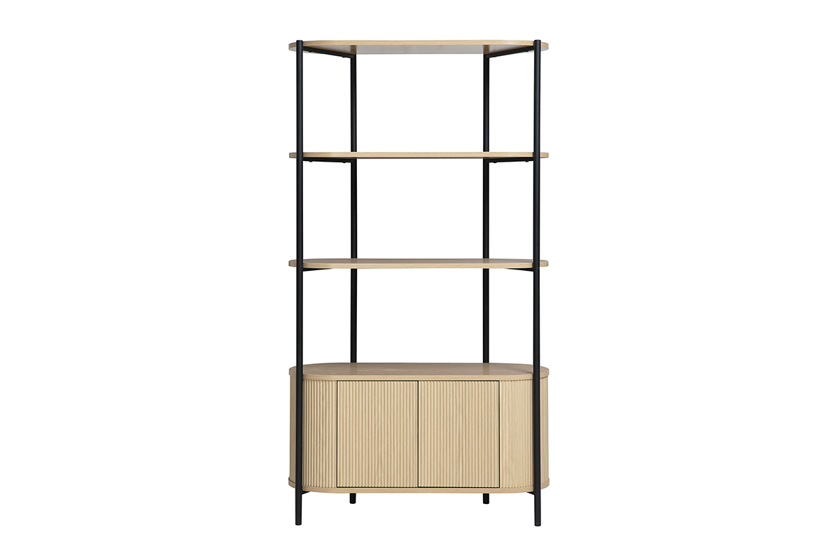 Biblioth�que ZORA en m�tal noir et bois clair, vue de face avec trois �tag�res et un caisson arrondi en bas.