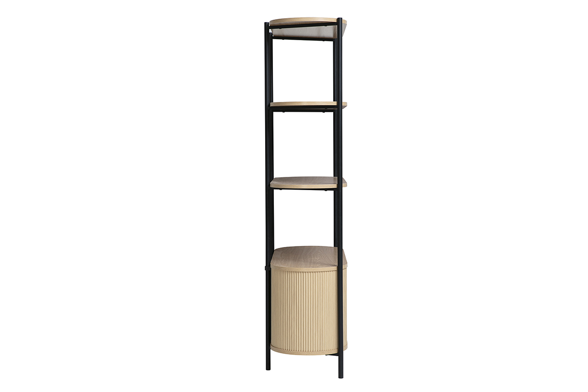 Biblioth�que ZORA en m�tal noir et bois clair, vue de profil avec trois �tag�res et caisson bas