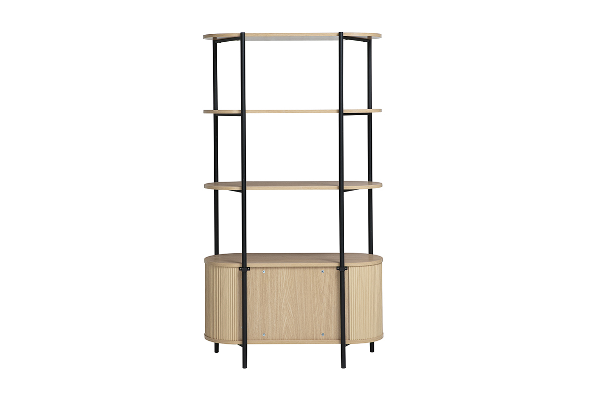 Biblioth�que ZORA en bois clair et m�tal noir, vue de dos, avec trois �tag�res ouvertes et caisson arrondi