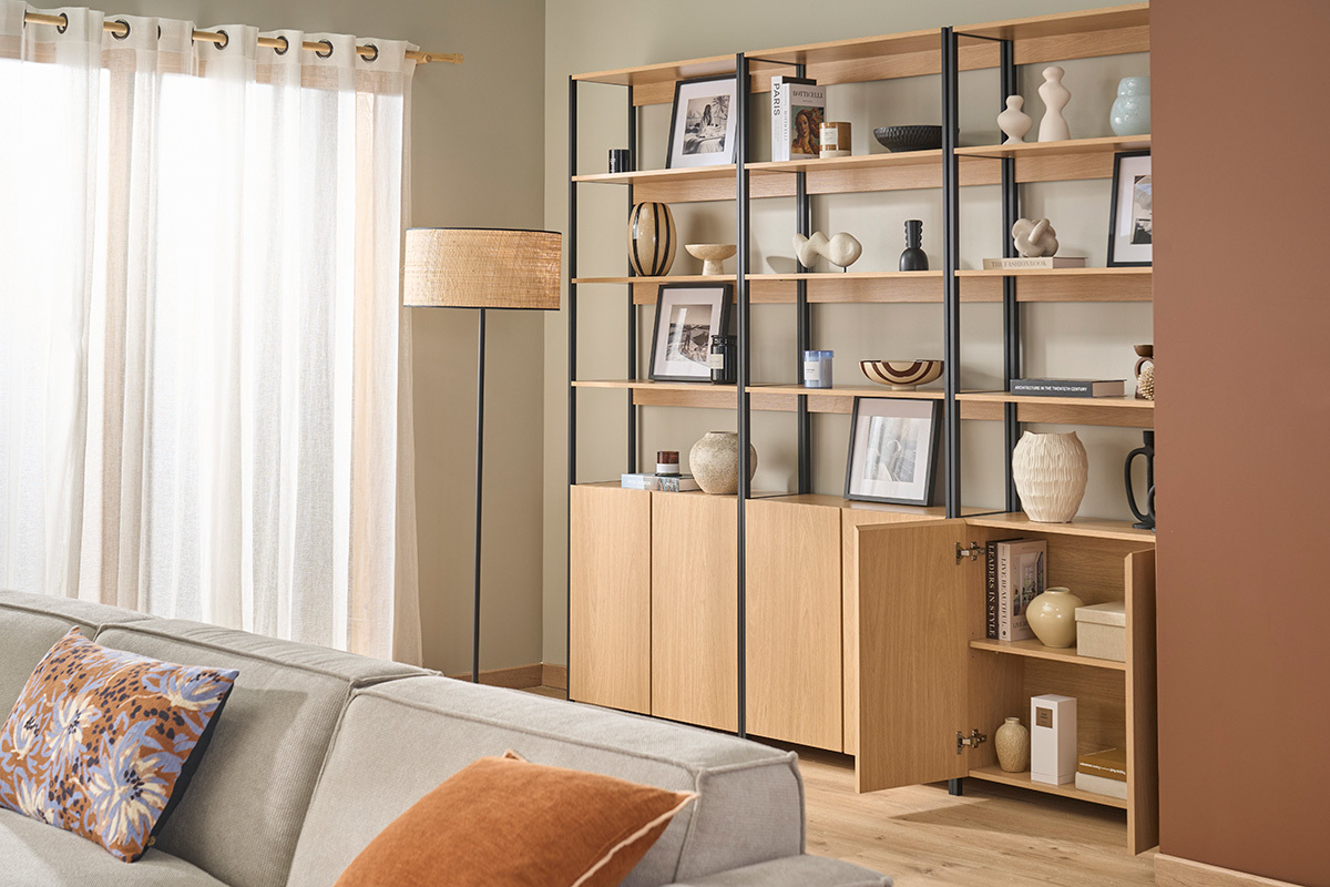 Biblioth�que avec rangements finition bois clair ch�ne et m�tal noir L80 cm MAXENCE