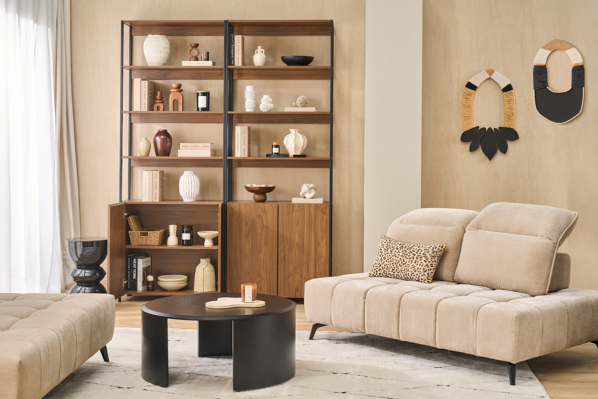 Biblioth�que avec rangements finition bois fonc� noyer et m�tal noir L80 cm MAXENCE