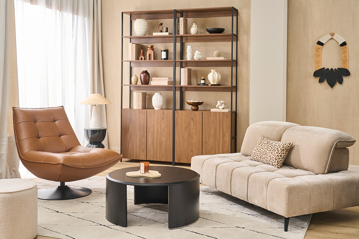 Biblioth�que avec rangements finition bois fonc� noyer et m�tal noir L80 cm MAXENCE