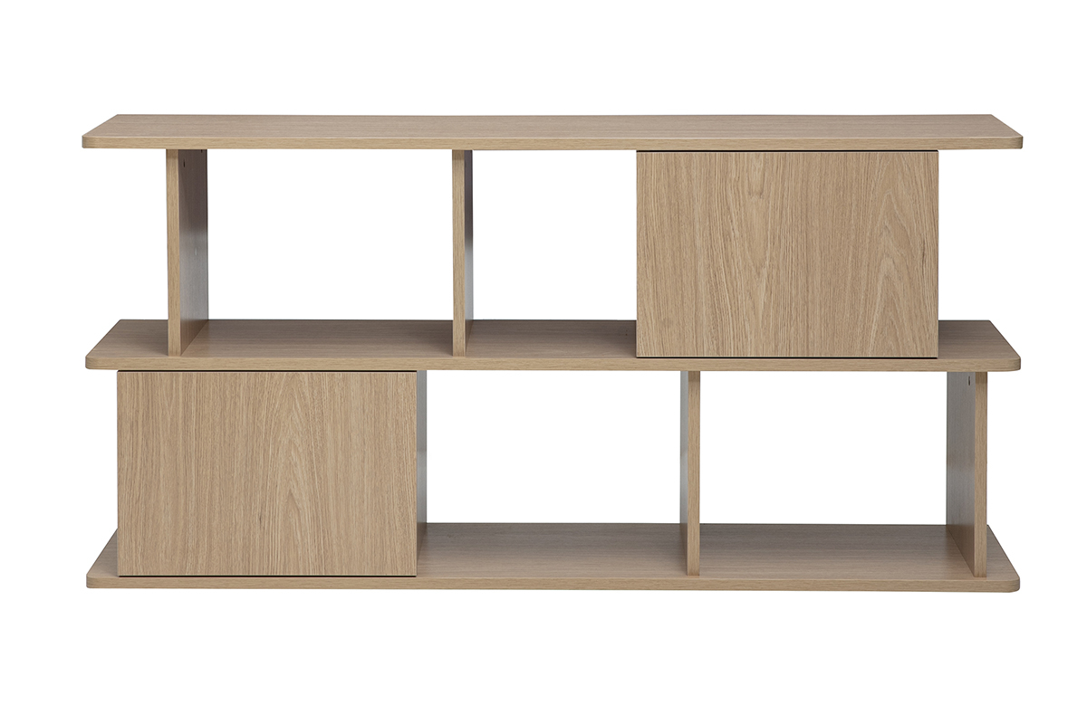 Biblioth�que basse bois clair ch�ne avec rangements, vue de face, 140 cm de long.