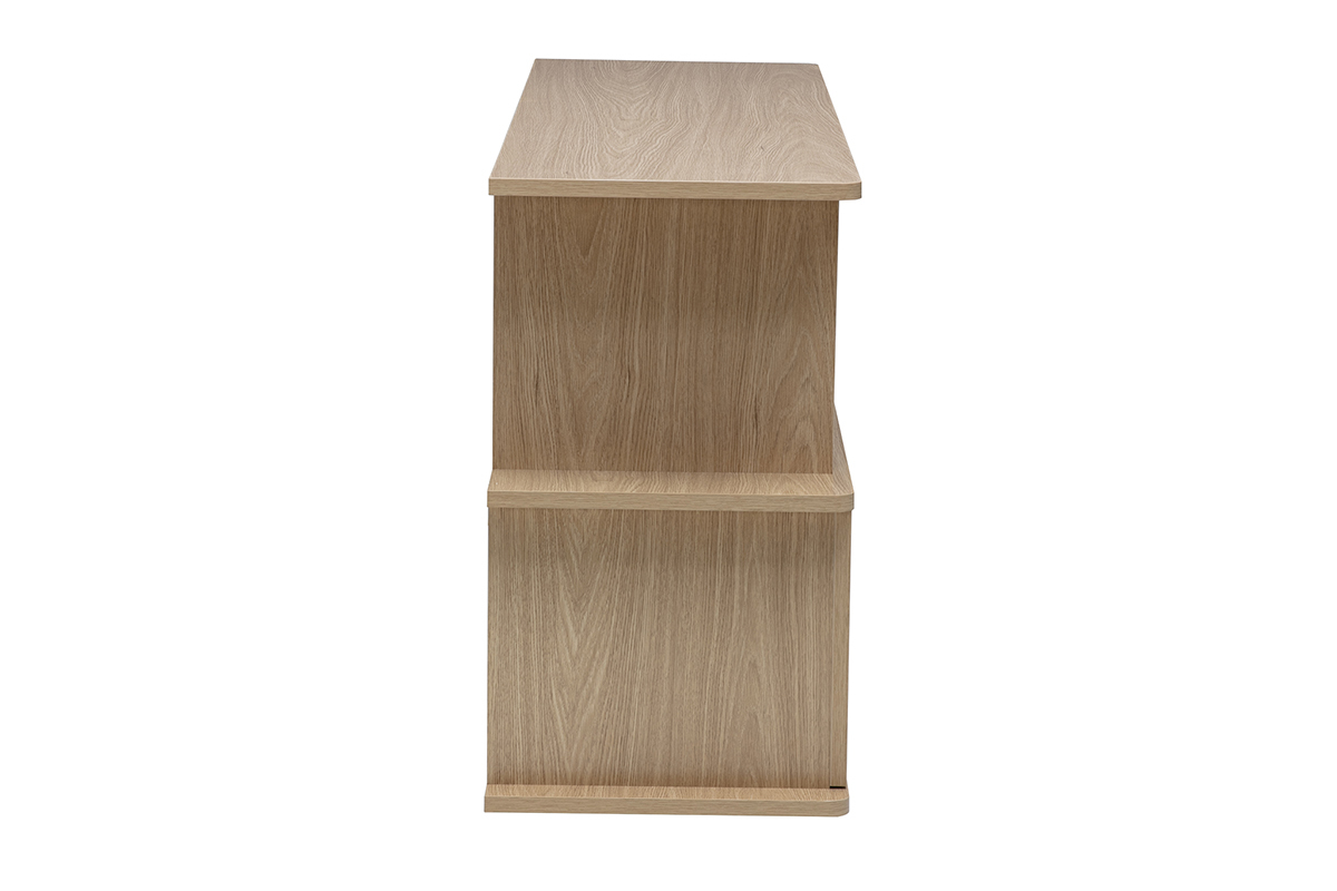 Biblioth�que basse en bois clair ch�ne, vue de profil avec rangements asym�triques.