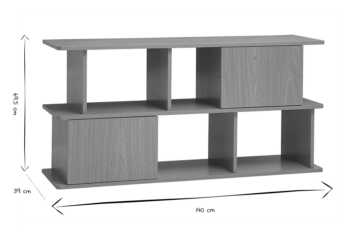 Dimensions de la biblioth�que basse JANICE en noir et blanc : L140 cm, H69,5 cm, P39 cm.