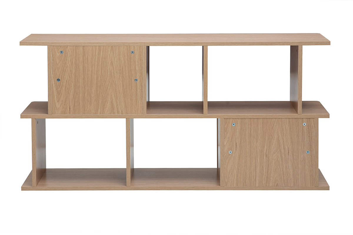 Biblioth�que basse en bois clair ch�ne avec rangements, vue de dos, 140 cm de large.