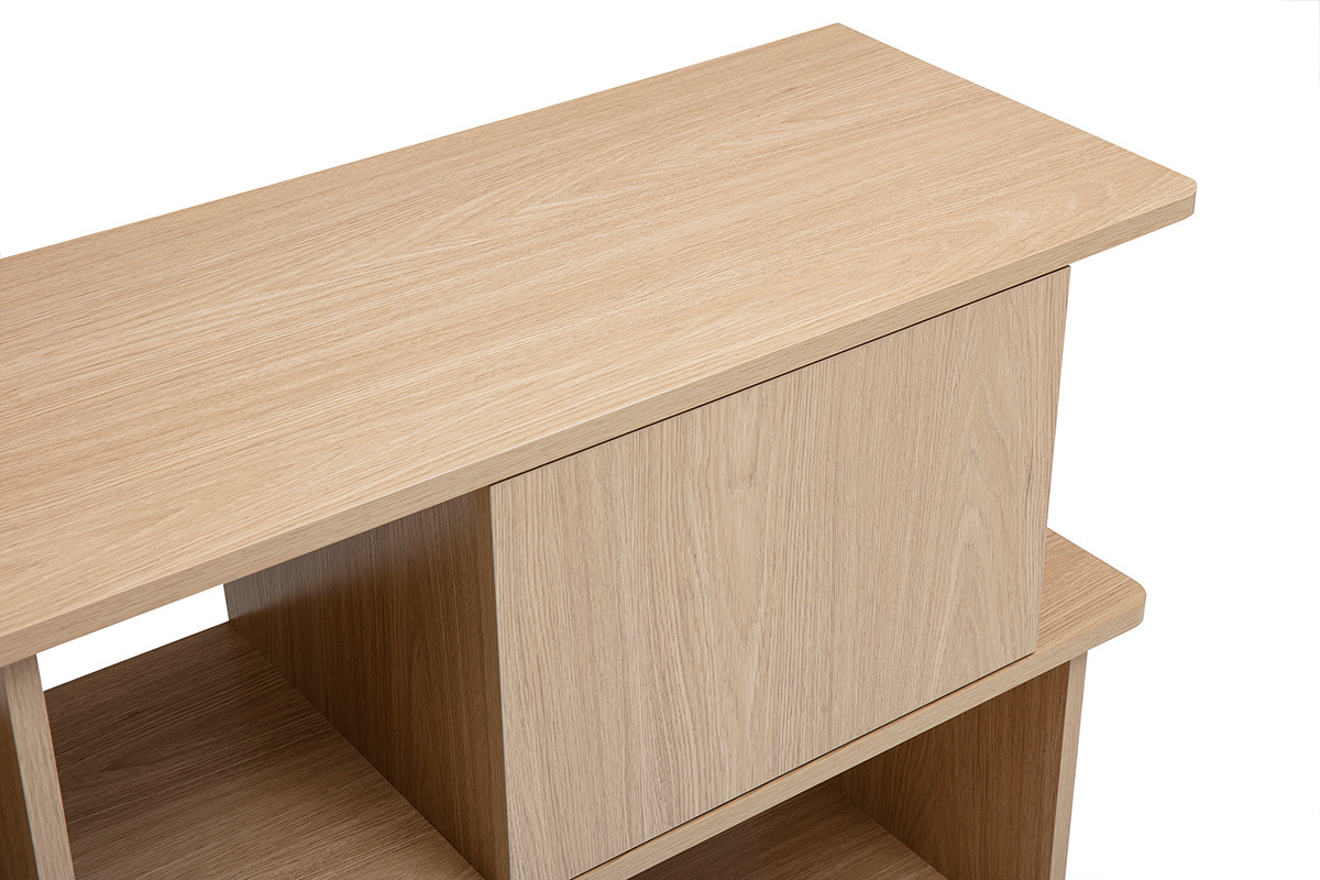 Biblioth�que basse en bois clair ch�ne, vue de dessus avec compartiment ferm� et ouvert