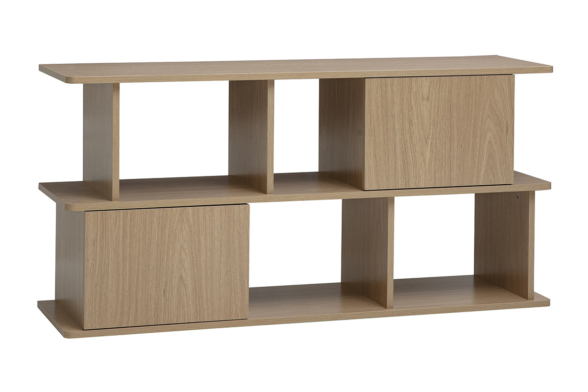 Biblioth�que basse avec rangements finition bois clair ch�ne L140 cm JANICE