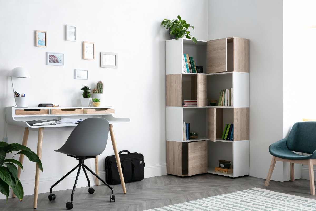 Biblioth�que d'angle design bois et blanc 8 niches QUADRA