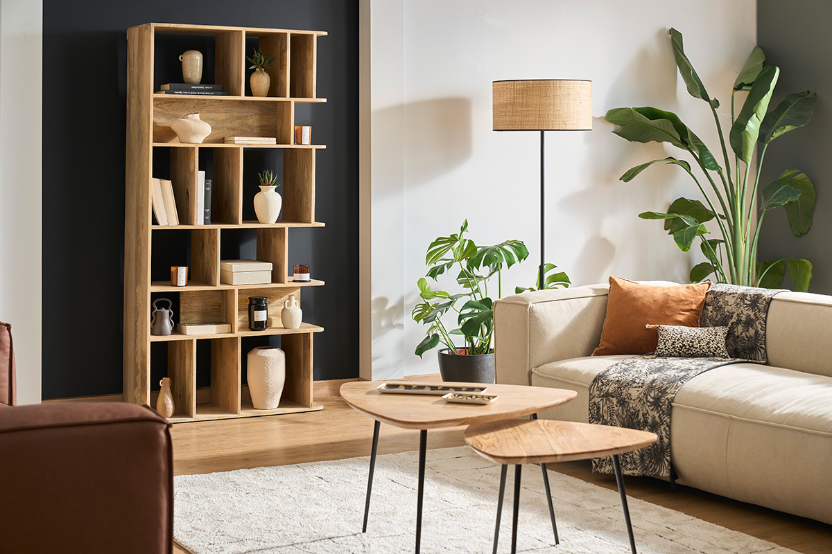 Bibliothque en bois de manguier avec objets dcoratifs, vue de face dans un salon moderne.