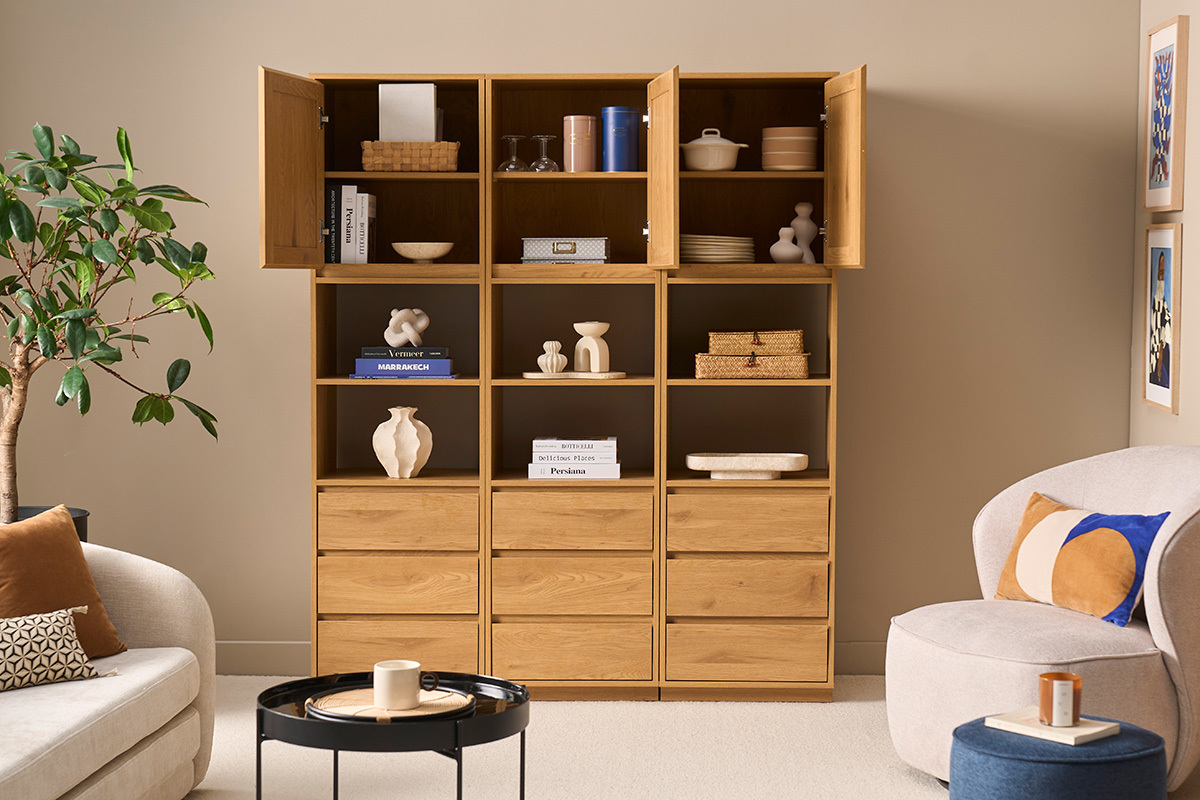 Biblioth�que �tag�re avec rangements finition bois clair ch�ne et cannage rotin L150 cm SEVILLE