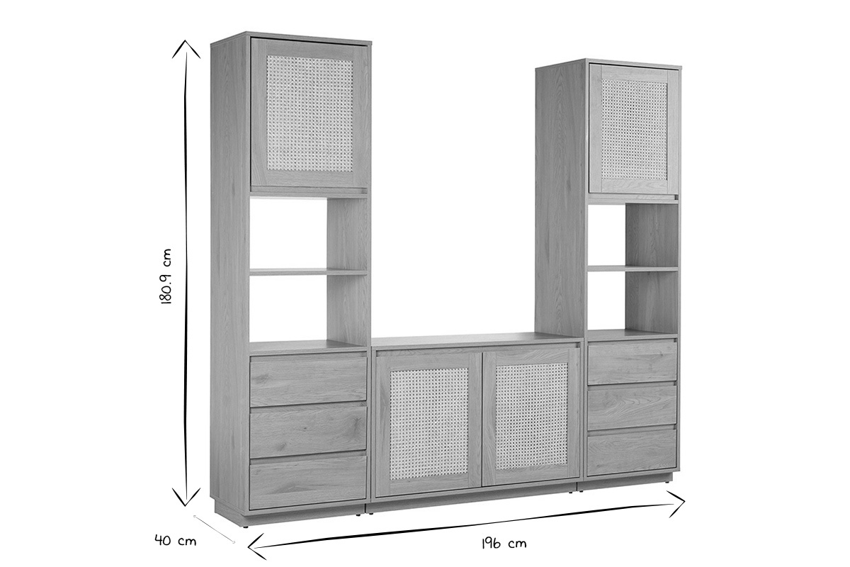 Dimensions de la biblioth�que SEVILLE en noir et blanc, hauteur 180,9 cm, largeur 196 cm, profondeur 40 cm.