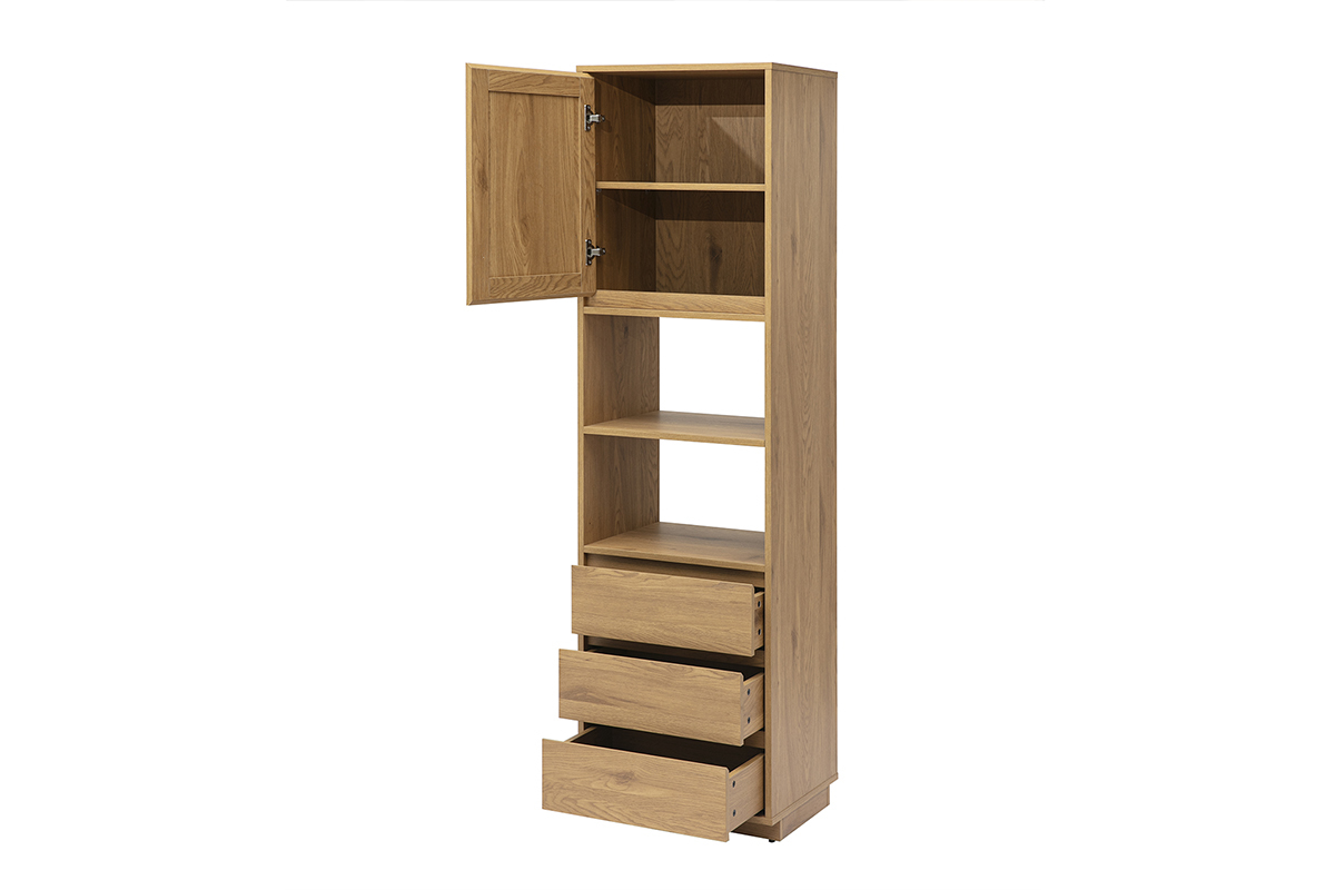 Biblioth�que en bois clair ch�ne avec porte et tiroirs ouverts, vue de 3/4.