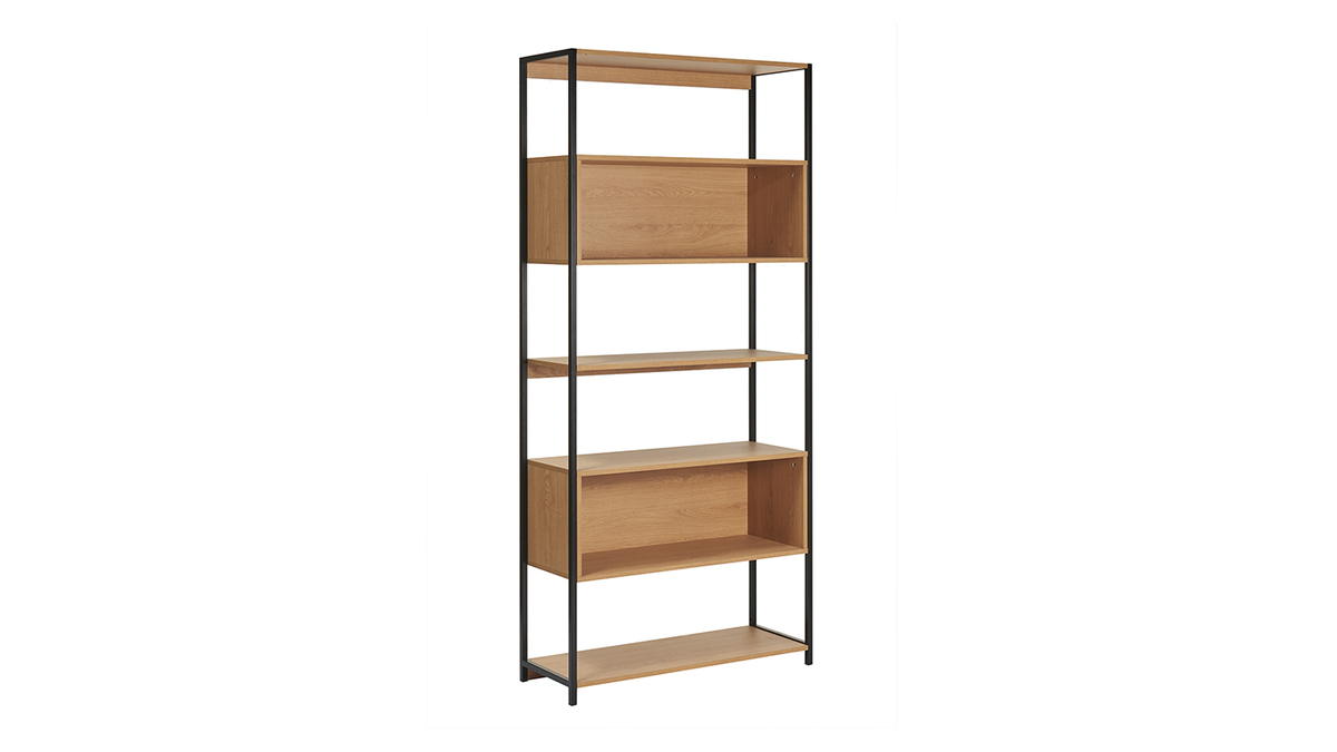 Etagère en métal noir et décor bois - loft - bibliothèque 5 niveaux. L Etagère en métal noir et décor bois - loft - bibliothèque 5 niveaux. L