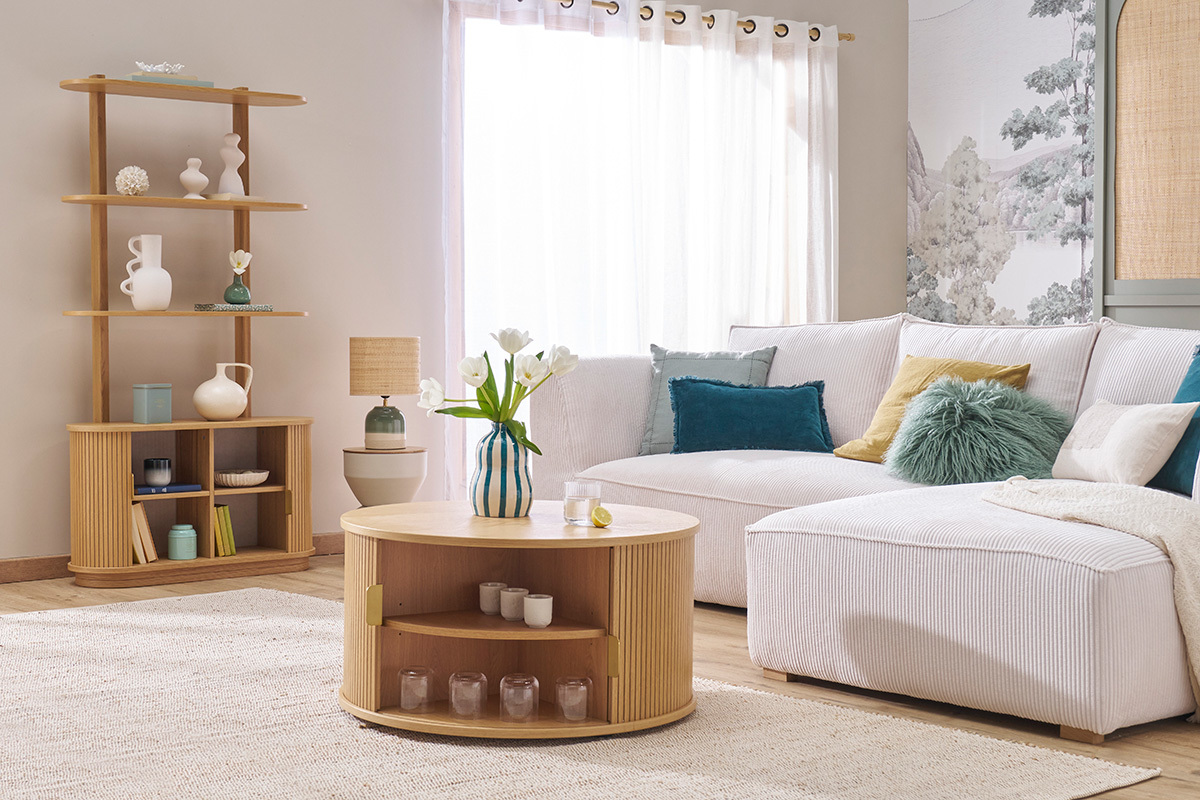 Bibliothque finition bois clair chne avec rangement 2 portes coulissantes L90 cm EPIC