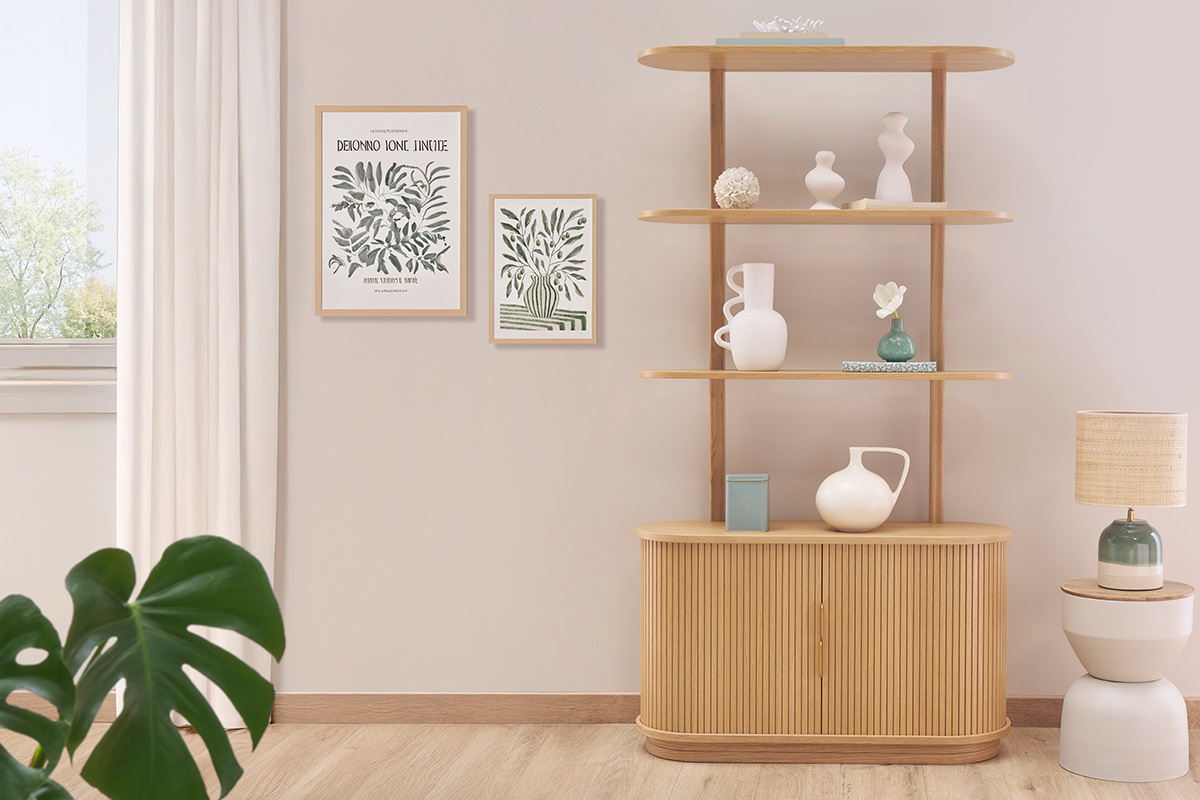 Bibliothque finition bois clair chne avec rangement 2 portes coulissantes L90 cm EPIC