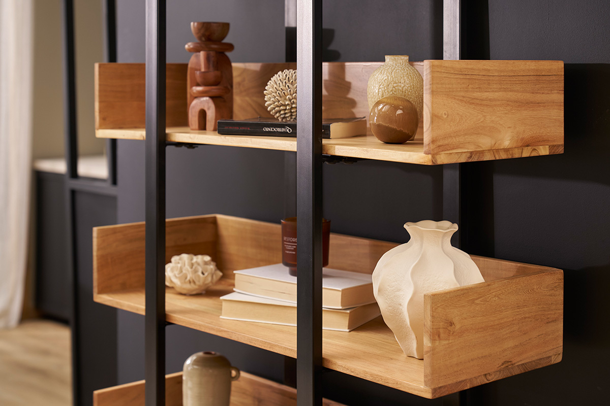 Bibliothque industrielle en bois massif et mtal noir L90 cm TAO