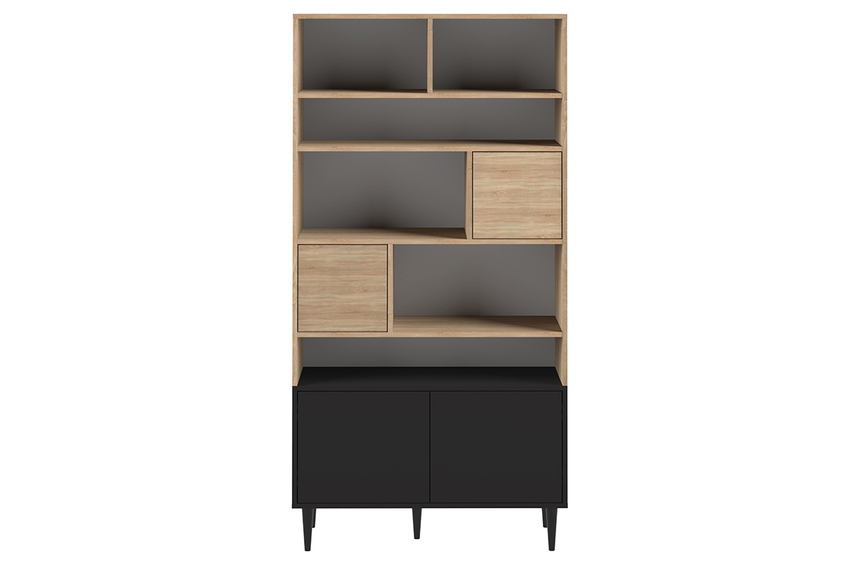 Biblioth�que scandinave 10 casiers bois et noir STRIPE