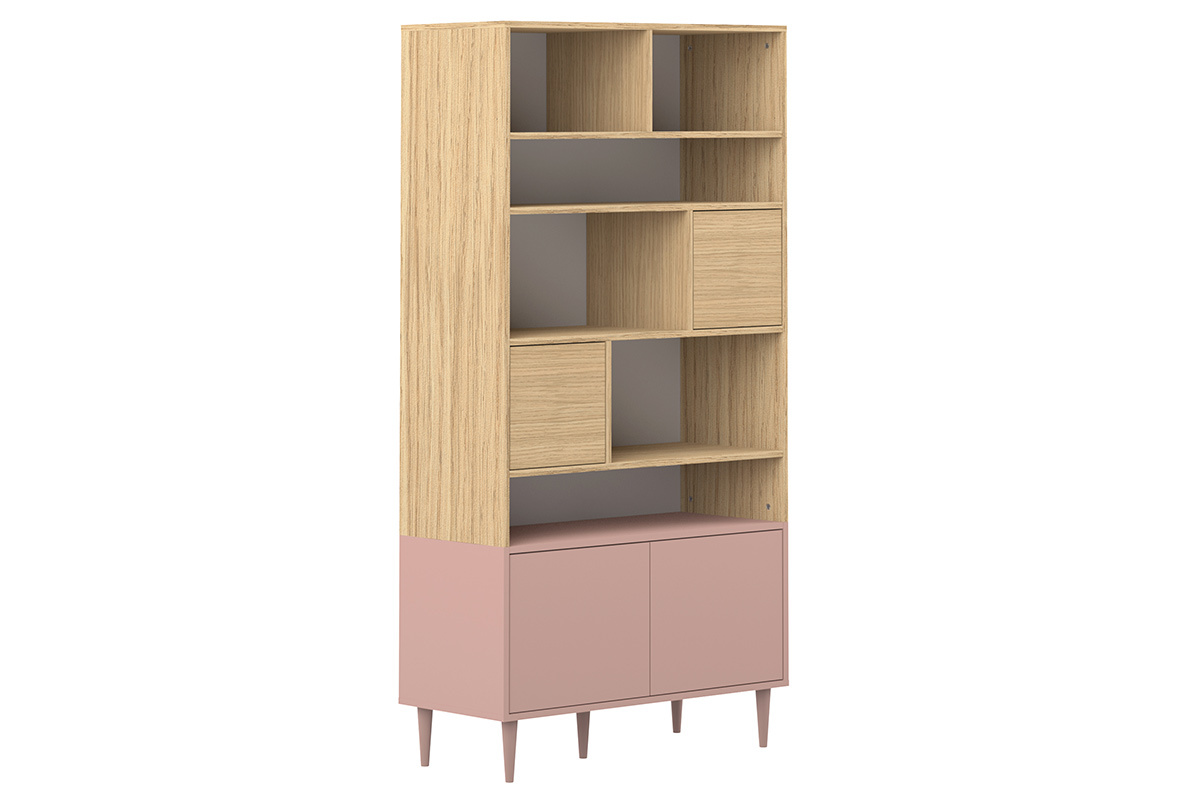 Biblioth�que scandinave 10 casiers bois et rose STRIPE