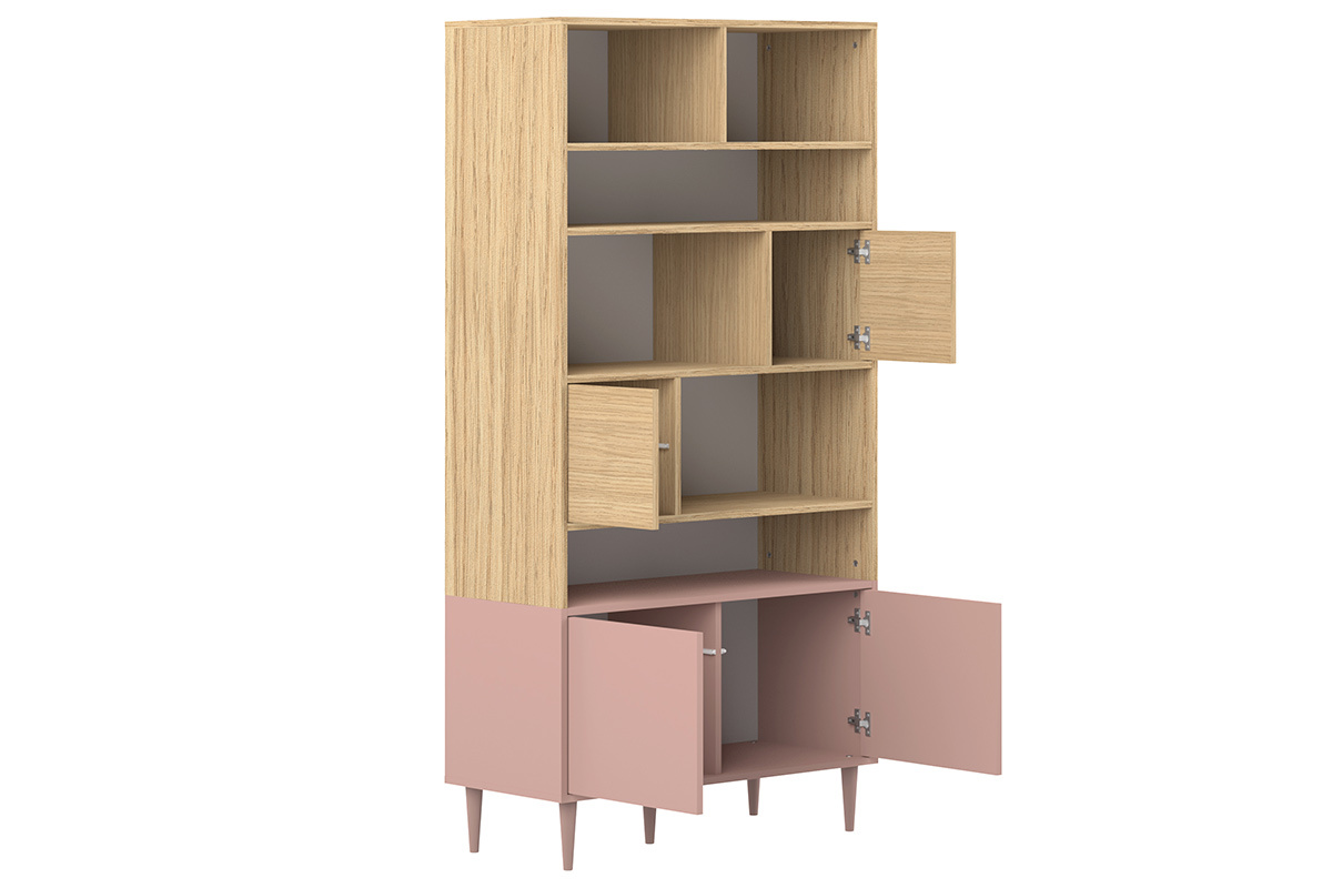 Biblioth�que scandinave 10 casiers bois et rose STRIPE