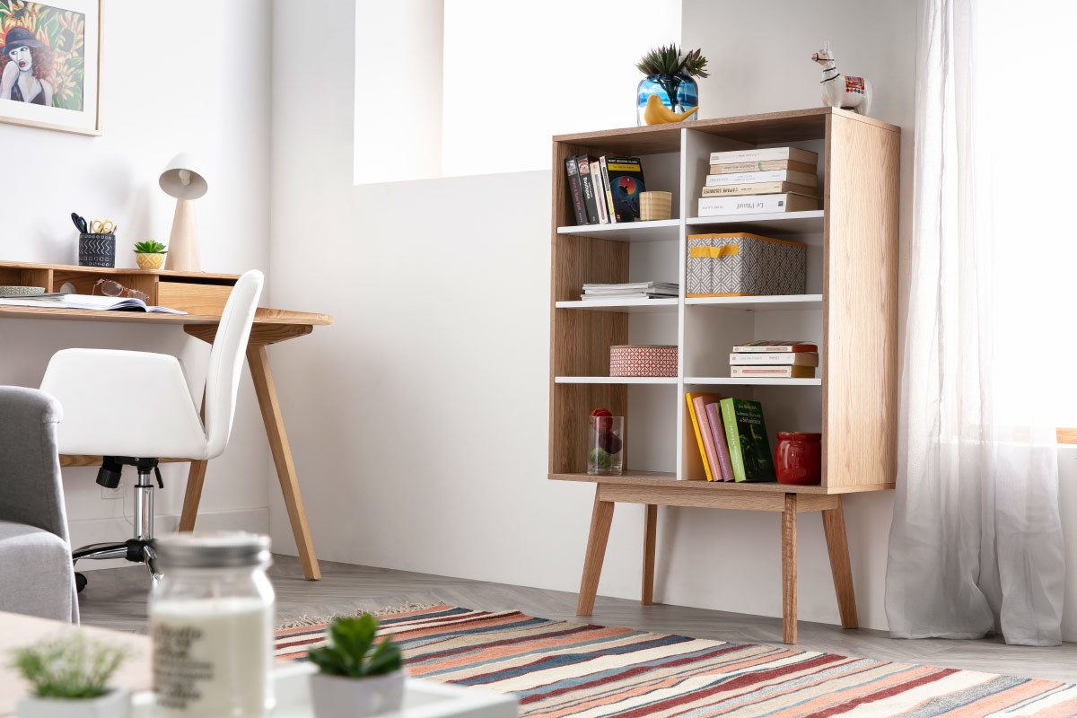Biblioth�que scandinave ch�ne et blanc HELIA